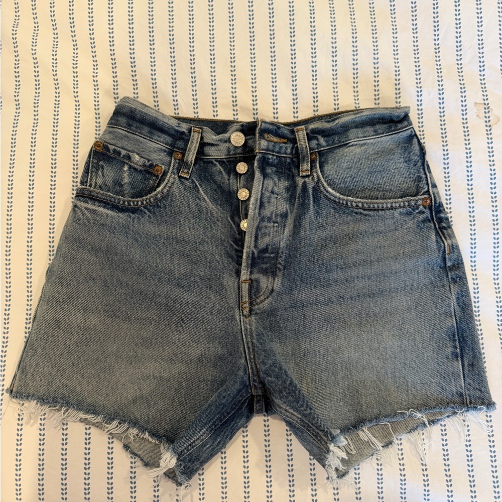 Agolde Blue Jean Shorts with Frayed Hem